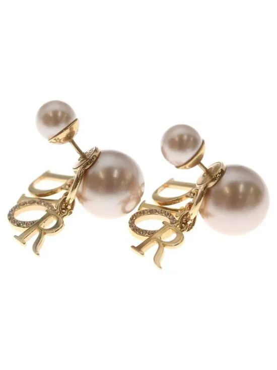 Dior Logo Rhinestone Faux Pearl Tribal Earrings Pink Gold - Picture 3 of 6